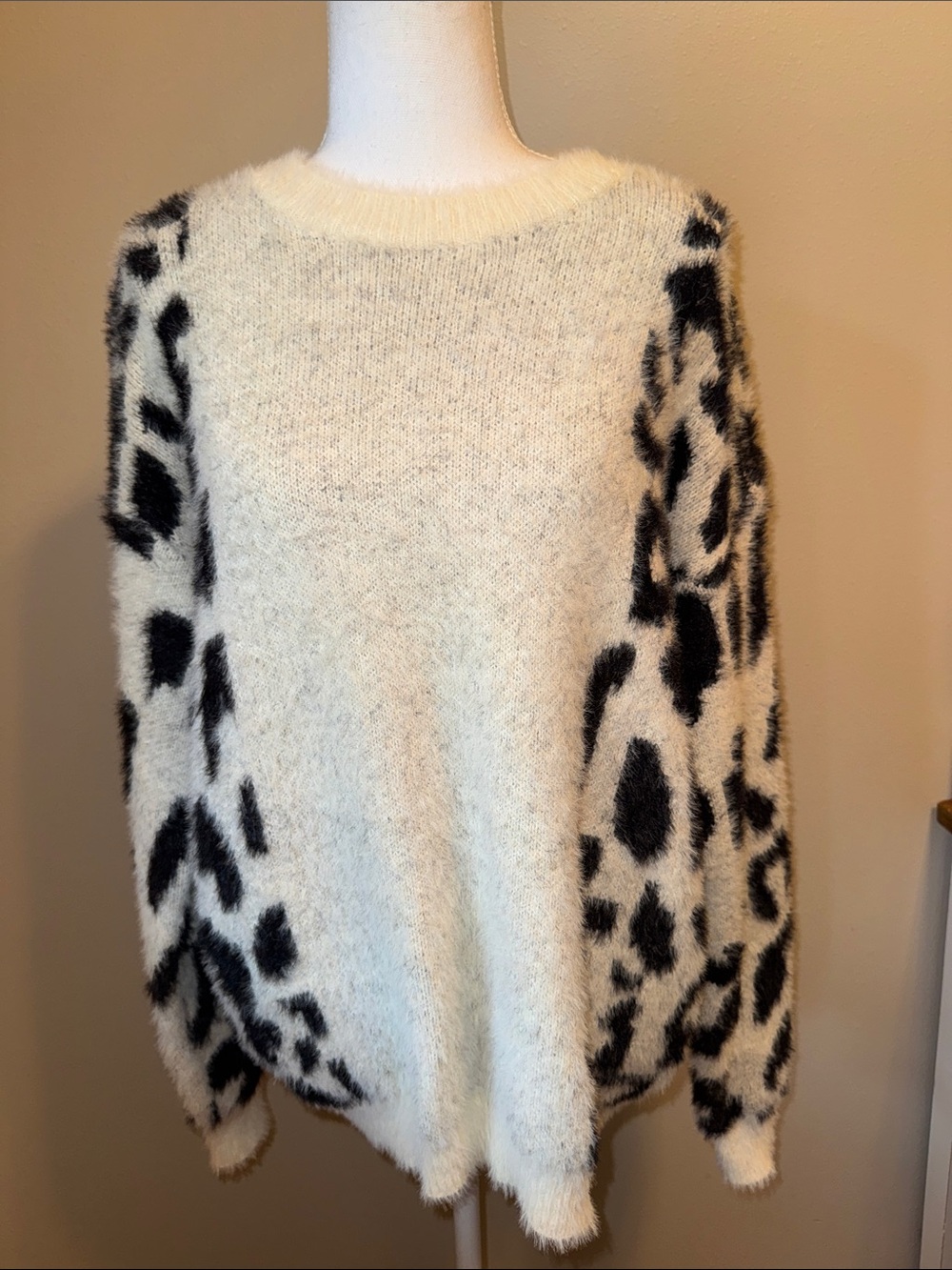 New BiBi Cream Fuzzy Crewneck Sweater with Black Leopard Sleeves - Large